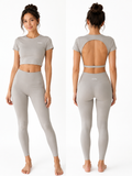 Open Back Crop Top & High-Waisted Legging Set- Gray